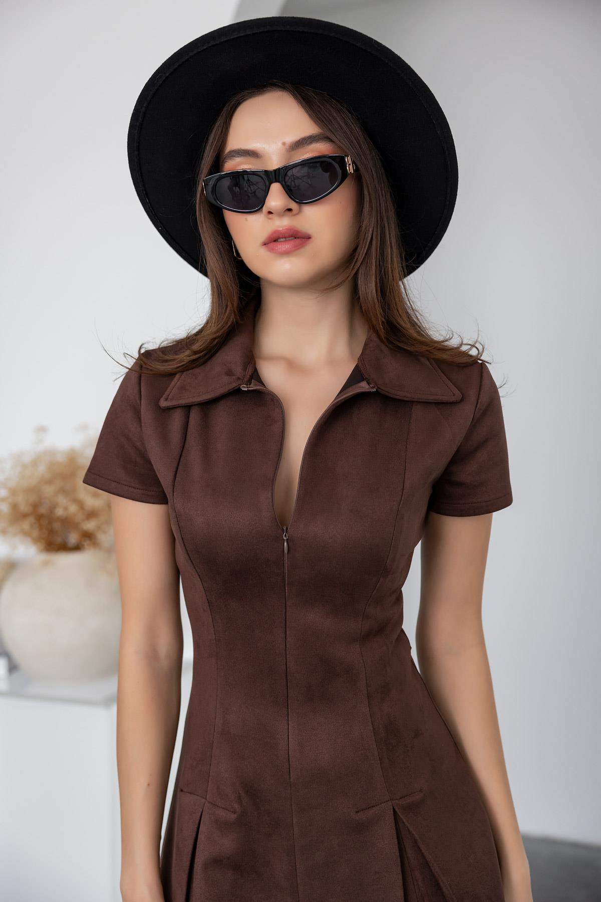 Zipper Closure Nubuck Dress - BROWN