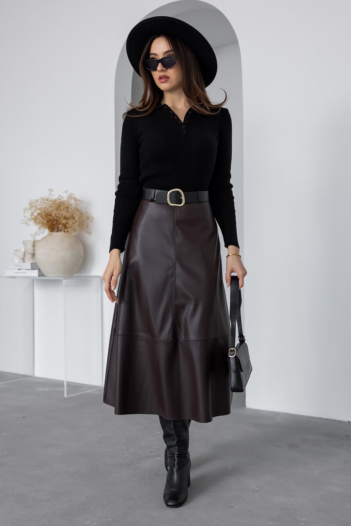 Belted Leather Long Skirt - BROWN