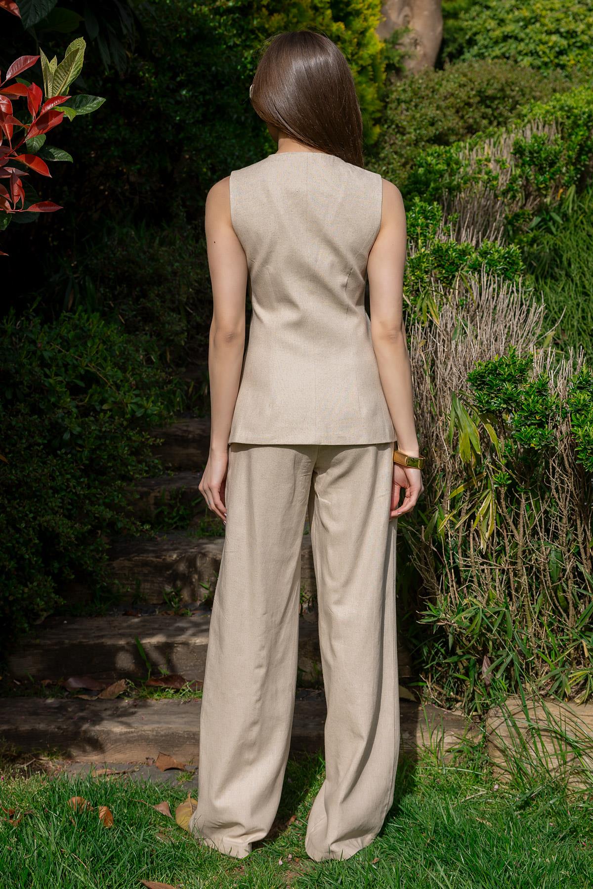 Linen Vest Trouser Set - BEIGE