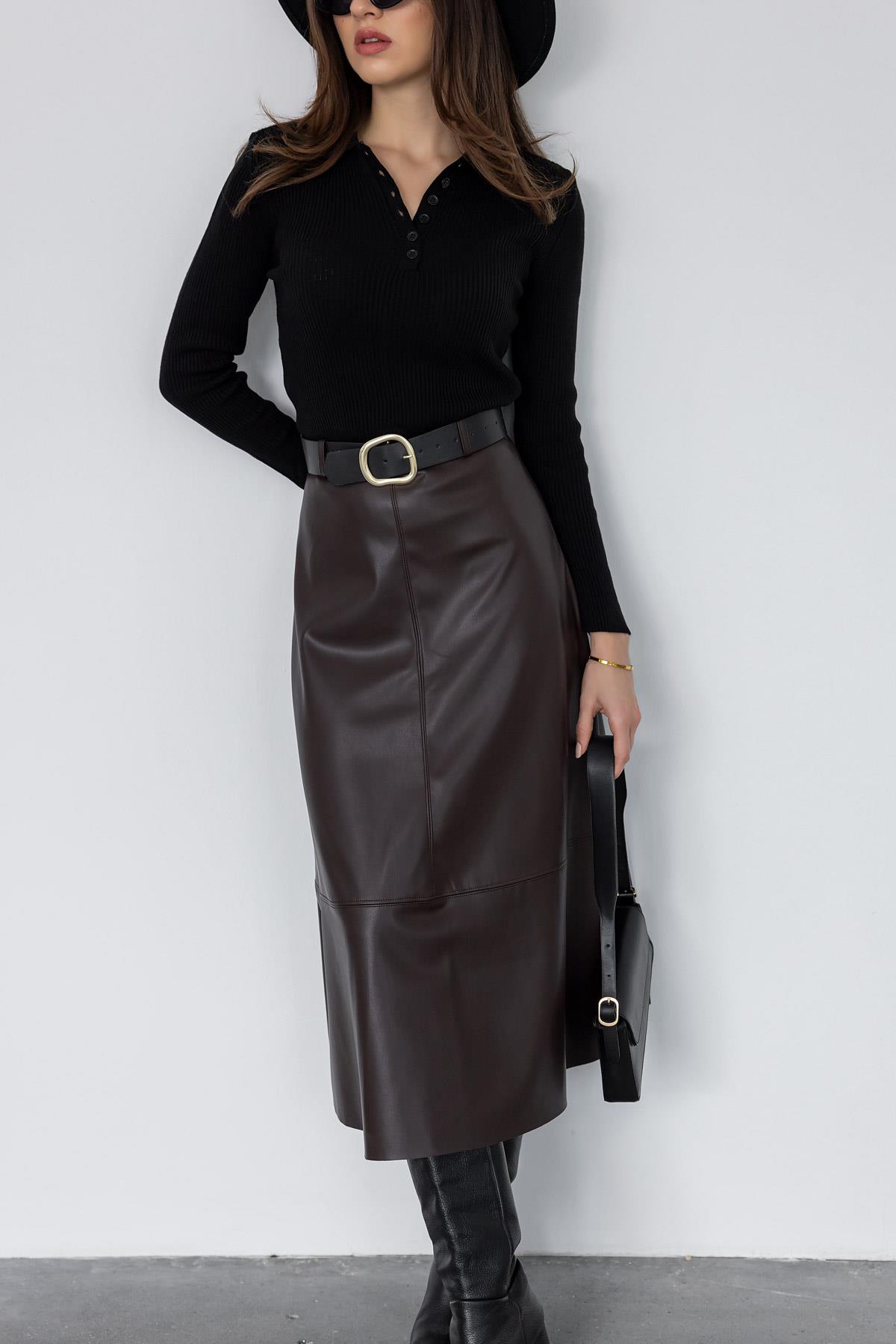 Belted Leather Long Skirt - BROWN