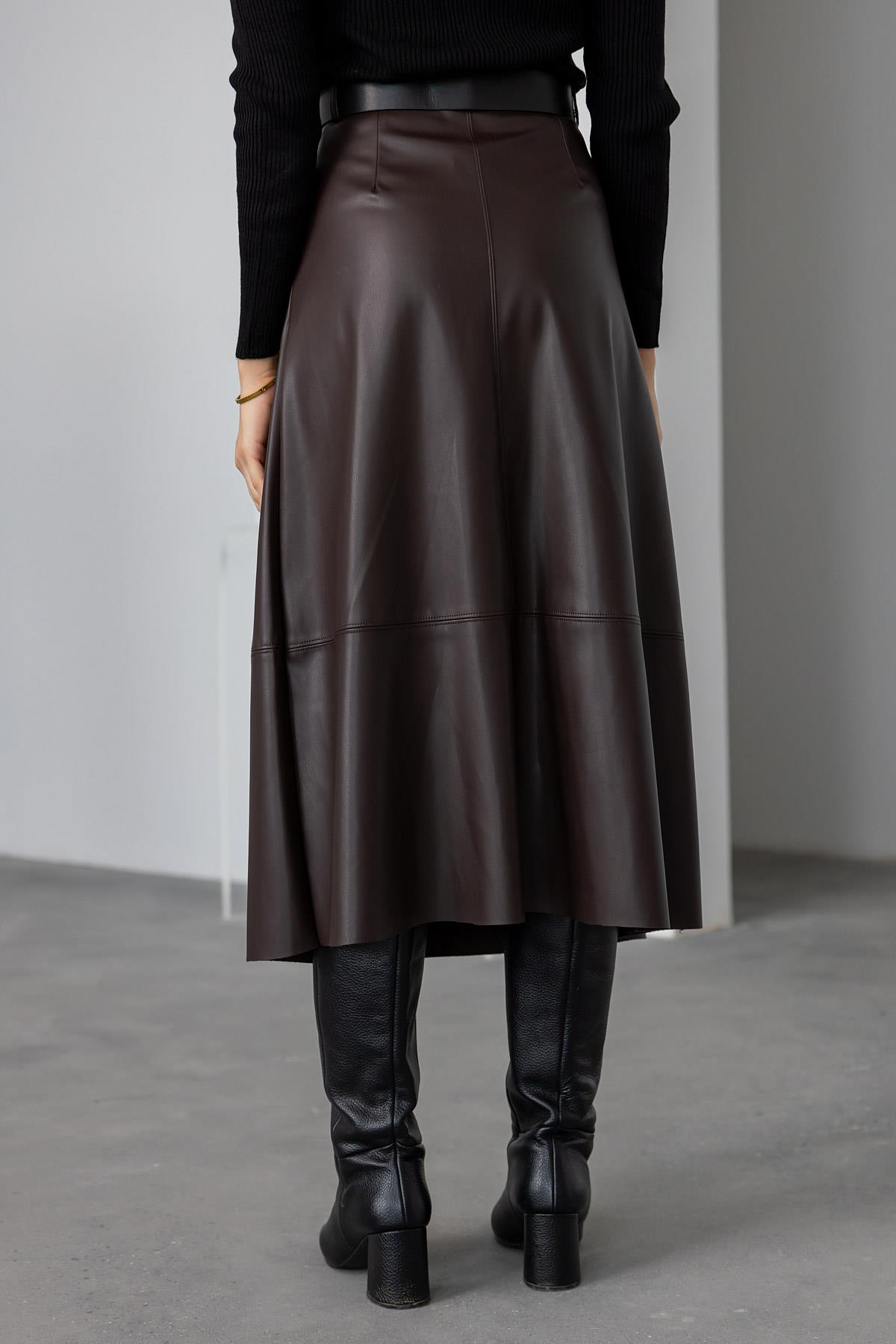 Belted Leather Long Skirt - BROWN