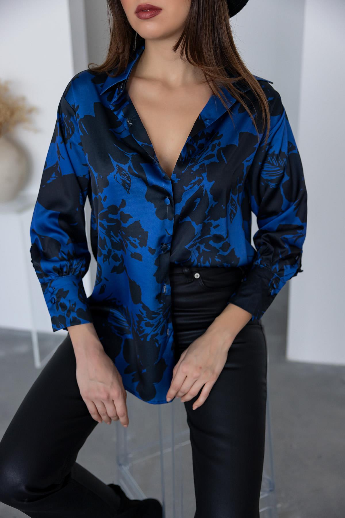 Leaf Patterned Satin Shirt - DARK BLUE