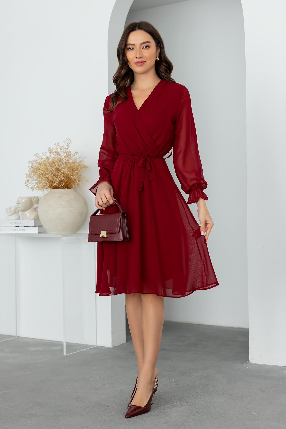 Belted Chiffon Dress - DARK RED