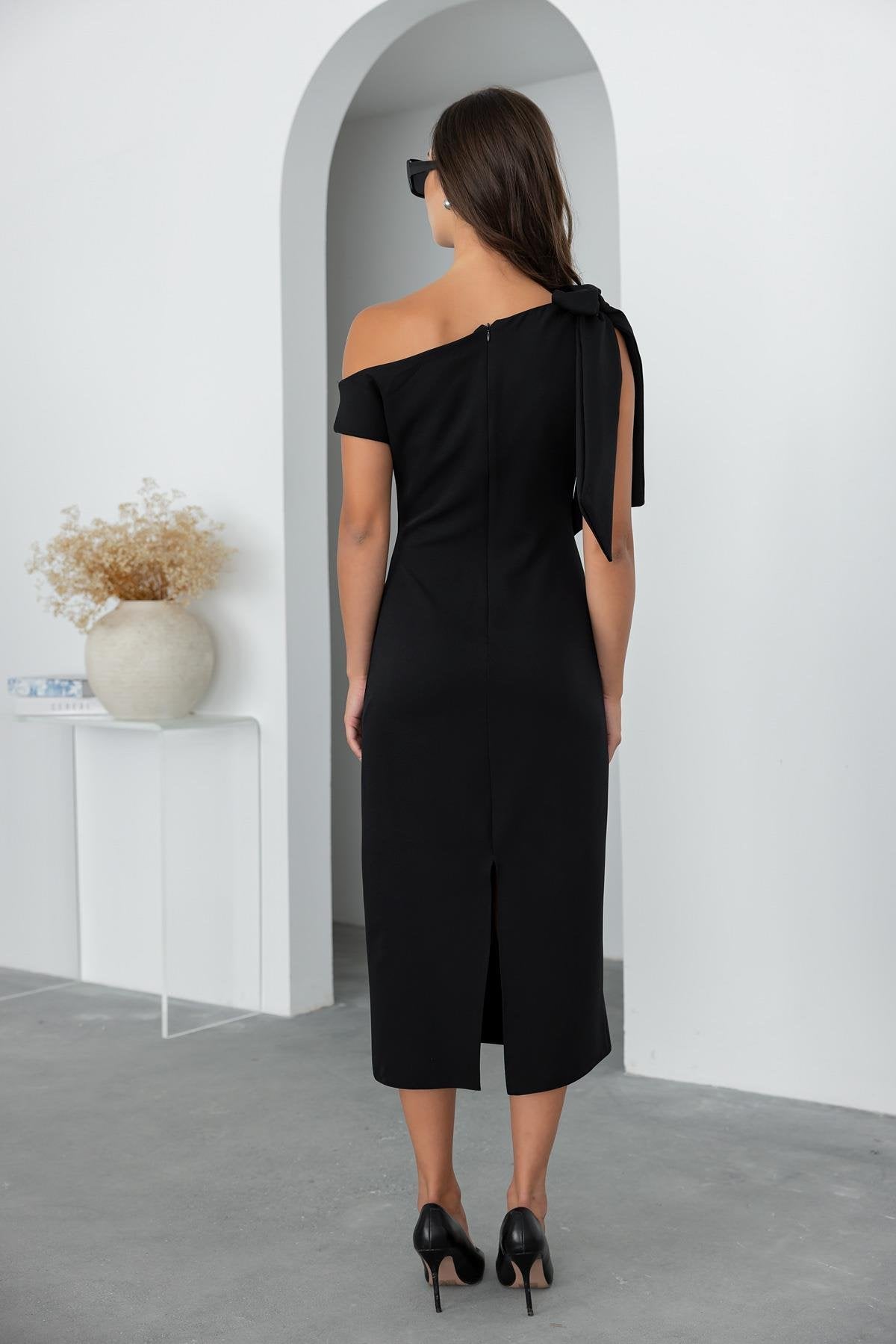 Shoulder Tie Long Dress - BLACK