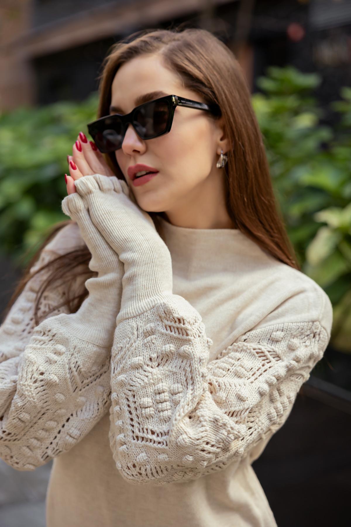 Embossed Sleeve Sweater - STONE