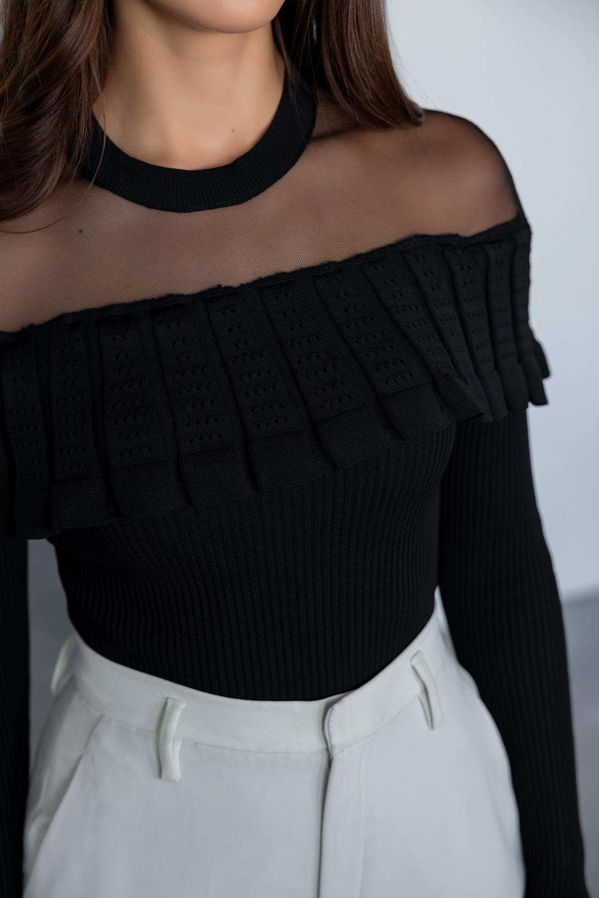 Tulle Detailed Ruffle Knitwear - BLACK