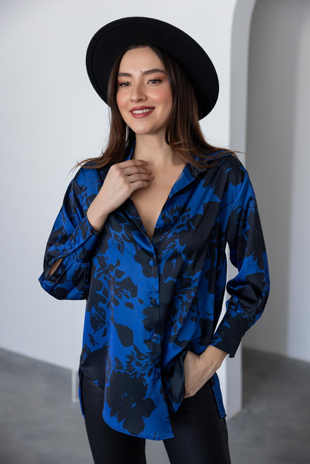 Leaf Patterned Satin Shirt - DARK BLUE