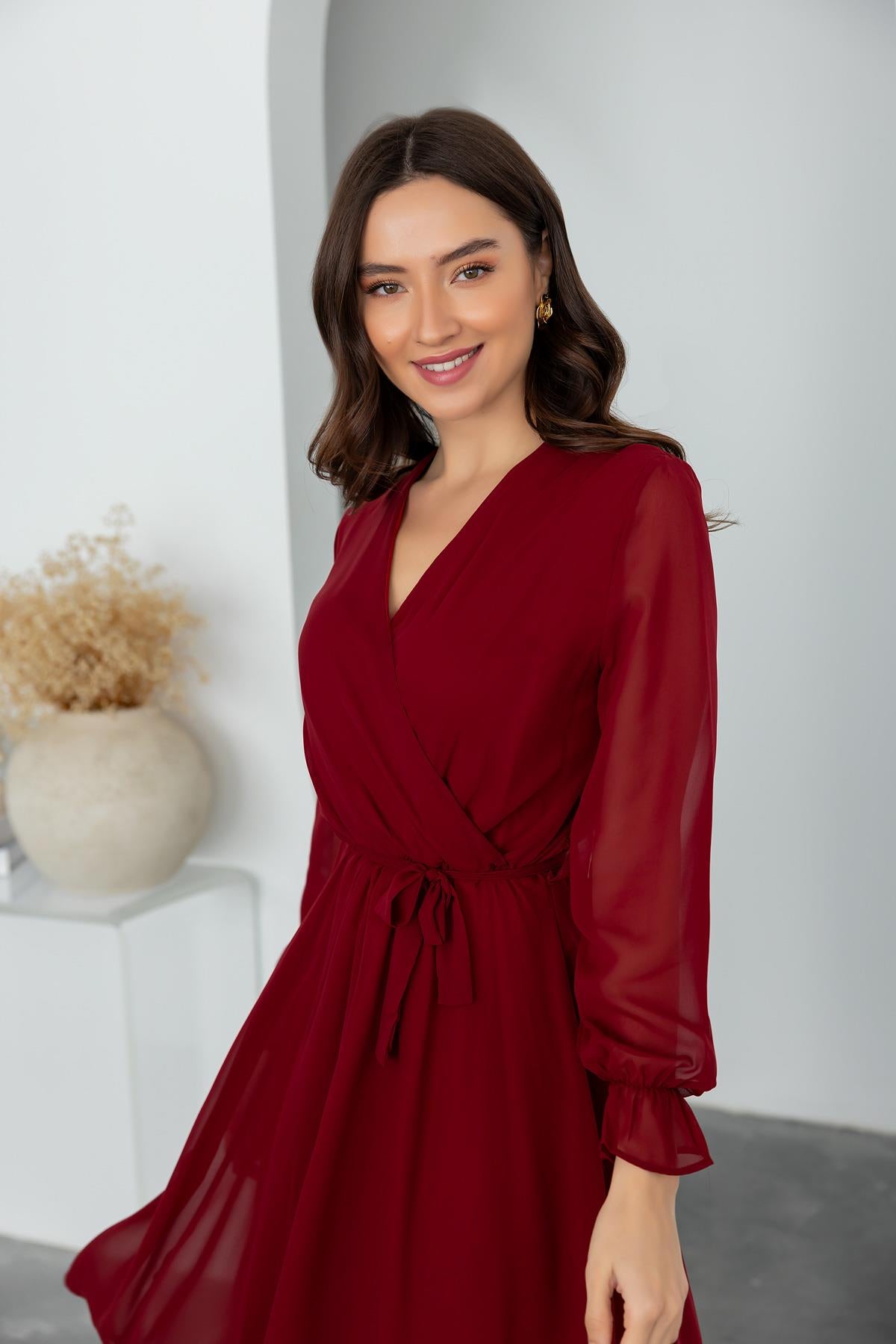 Belted Chiffon Dress - DARK RED