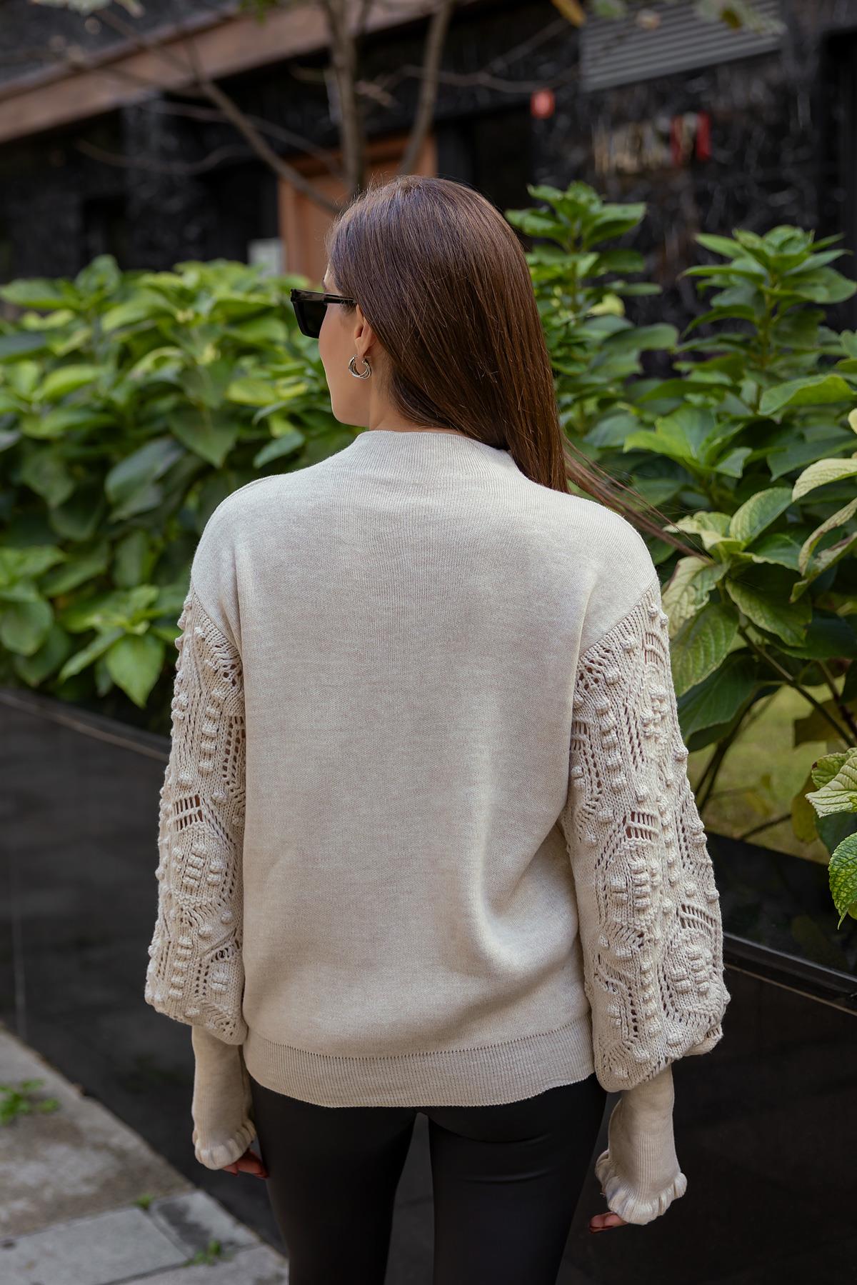 Embossed Sleeve Sweater - STONE