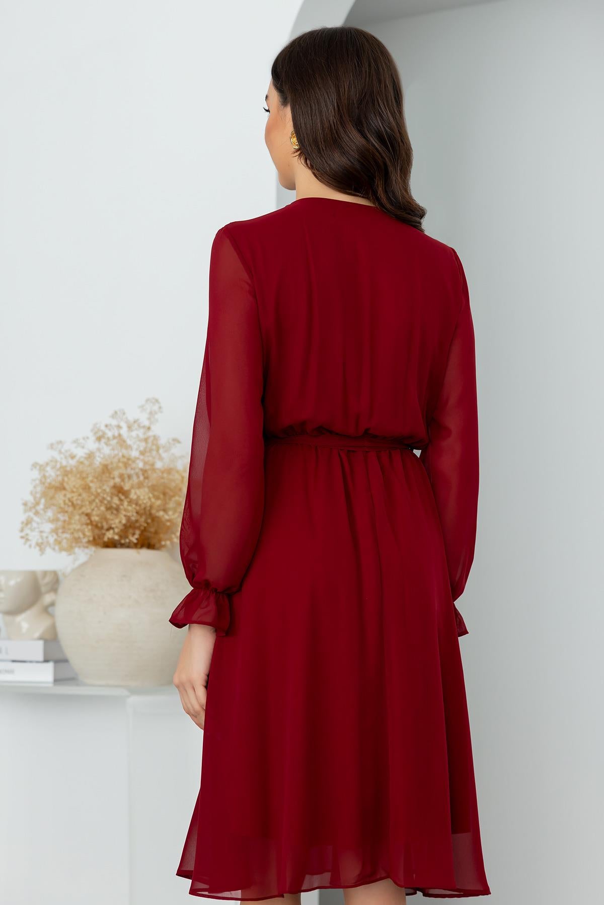 Belted Chiffon Dress - DARK RED