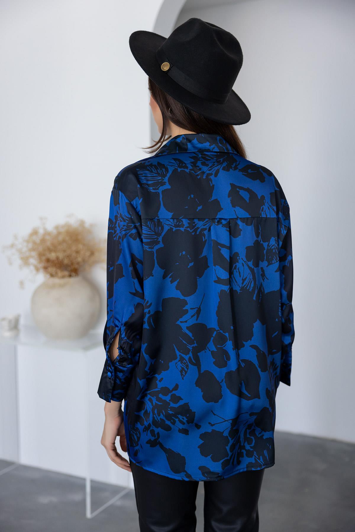 Leaf Patterned Satin Shirt - DARK BLUE