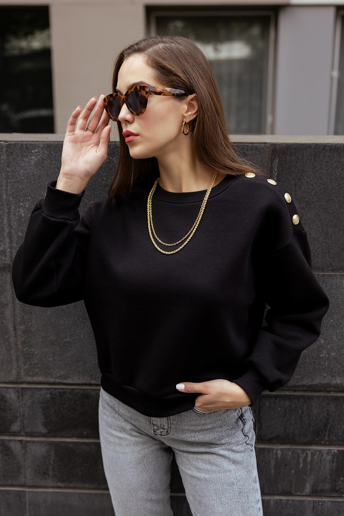 Shoulder Button Sweatshirt - BLACK