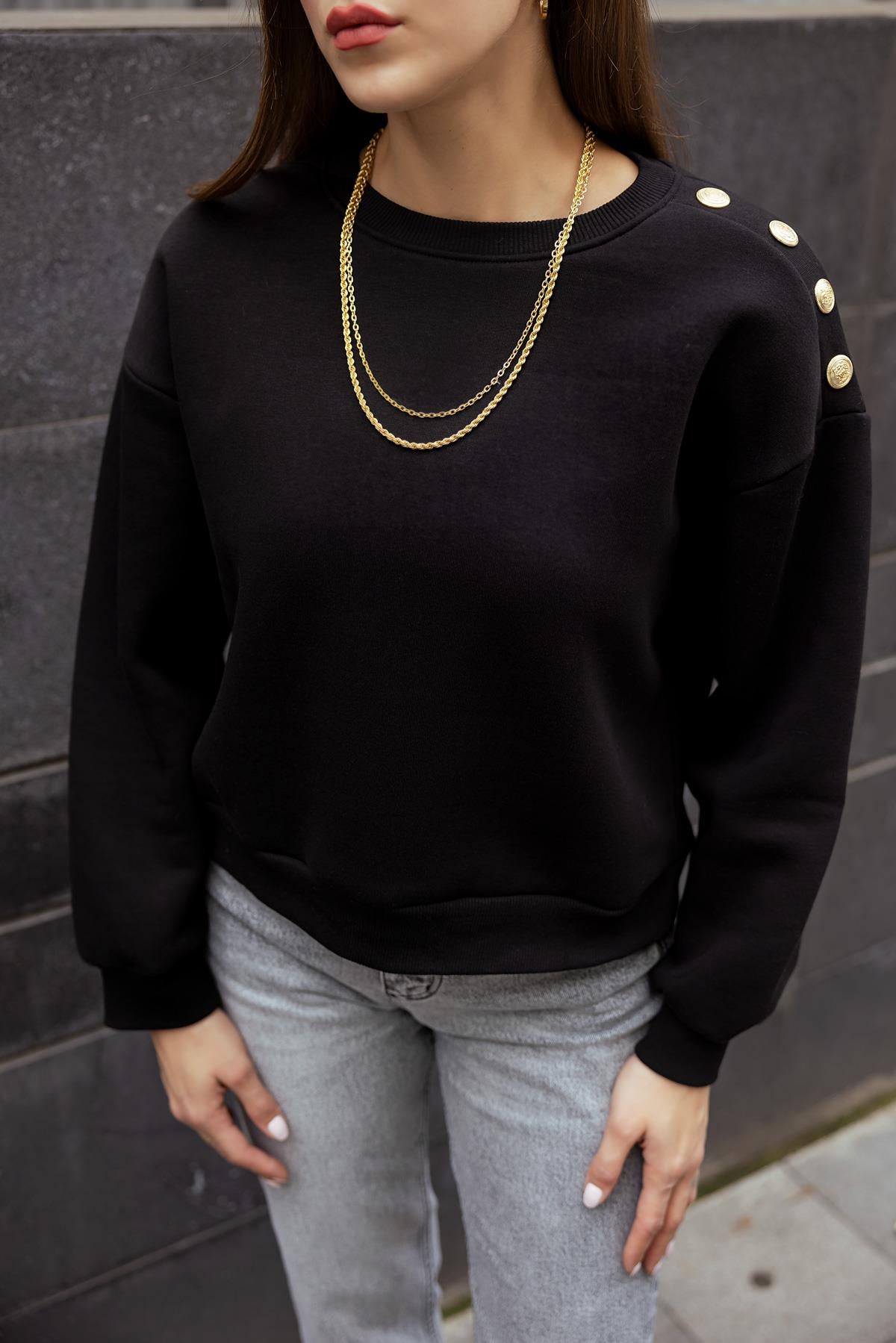 Shoulder Button Sweatshirt - BLACK