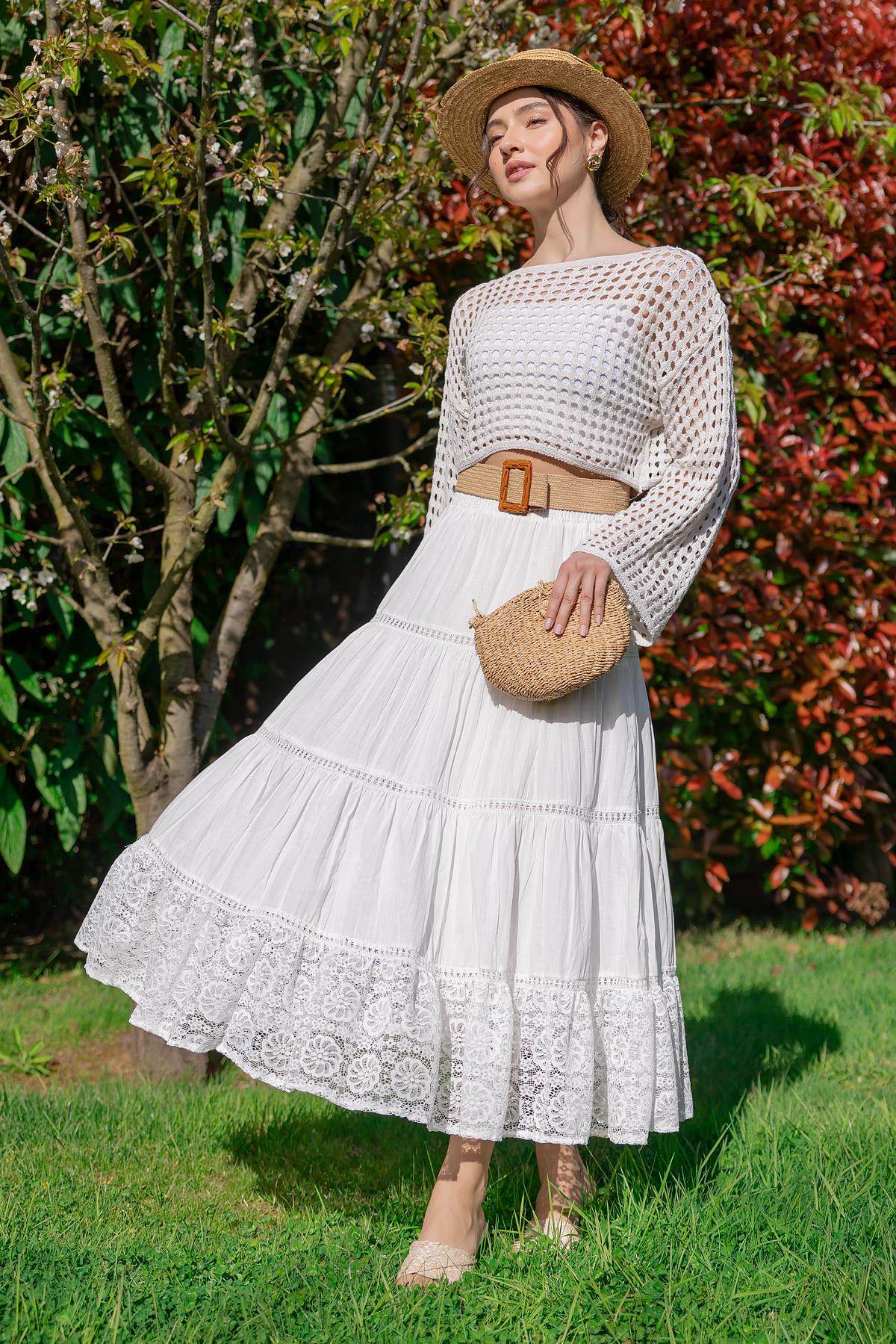 Lace Detailed Long Skirt - WHITE