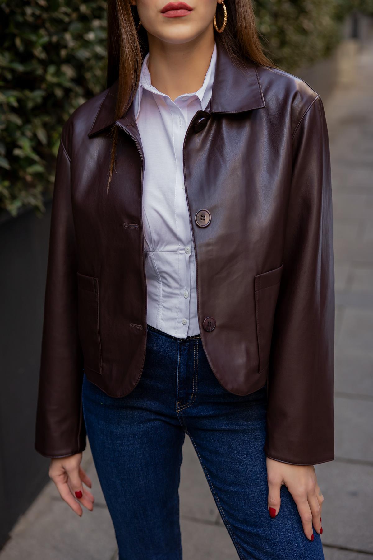 Square Pocket Leather Jacket - BROWN