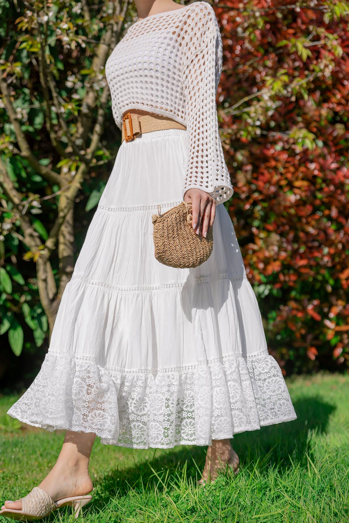 Lace Detailed Long Skirt - WHITE