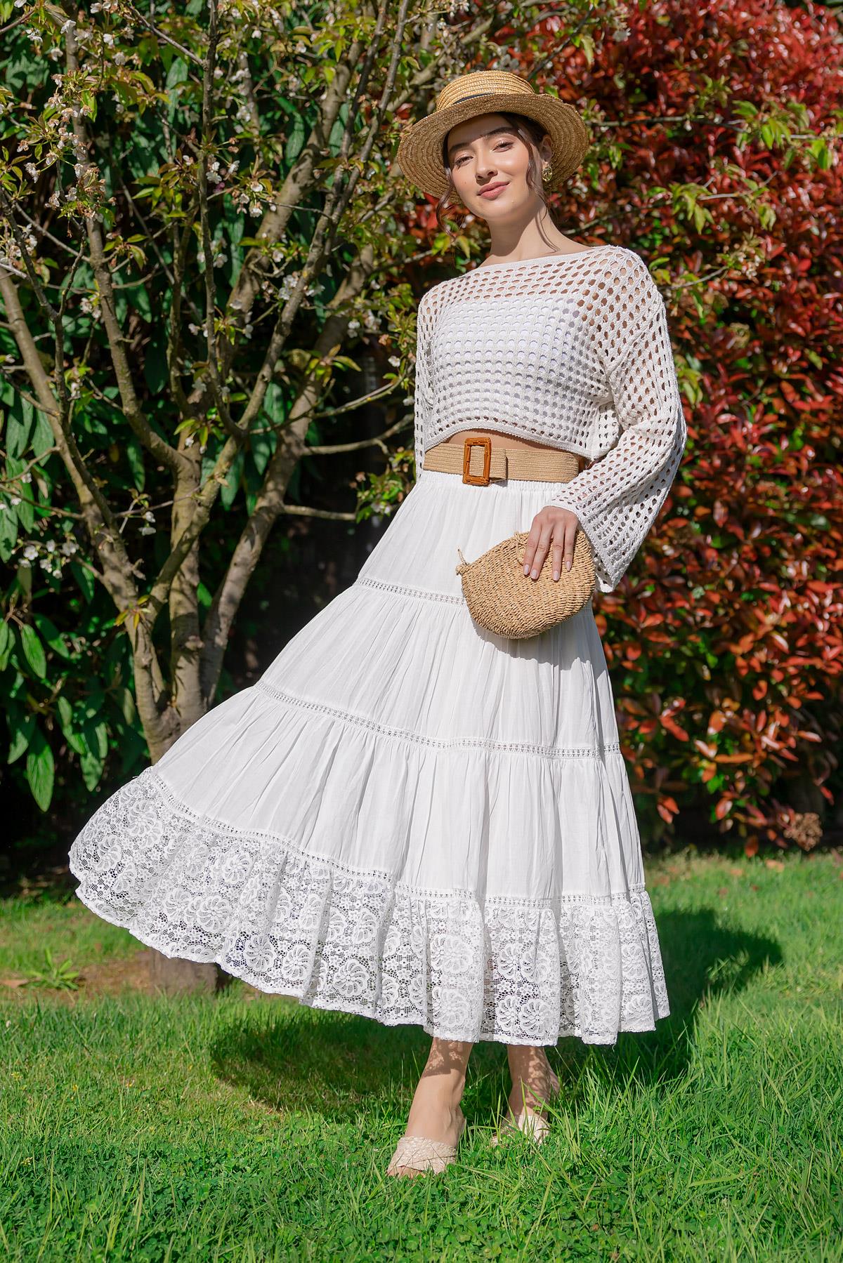 Lace Detailed Long Skirt - WHITE