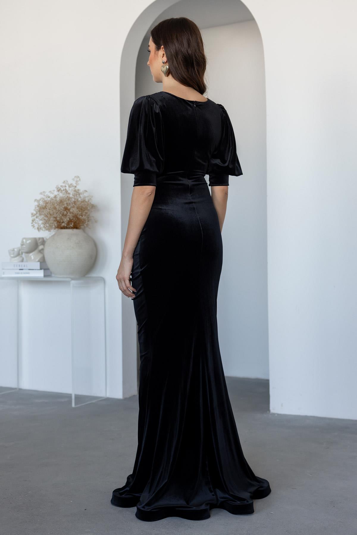 Double-breasted Velvet Evening Dress - BLACK