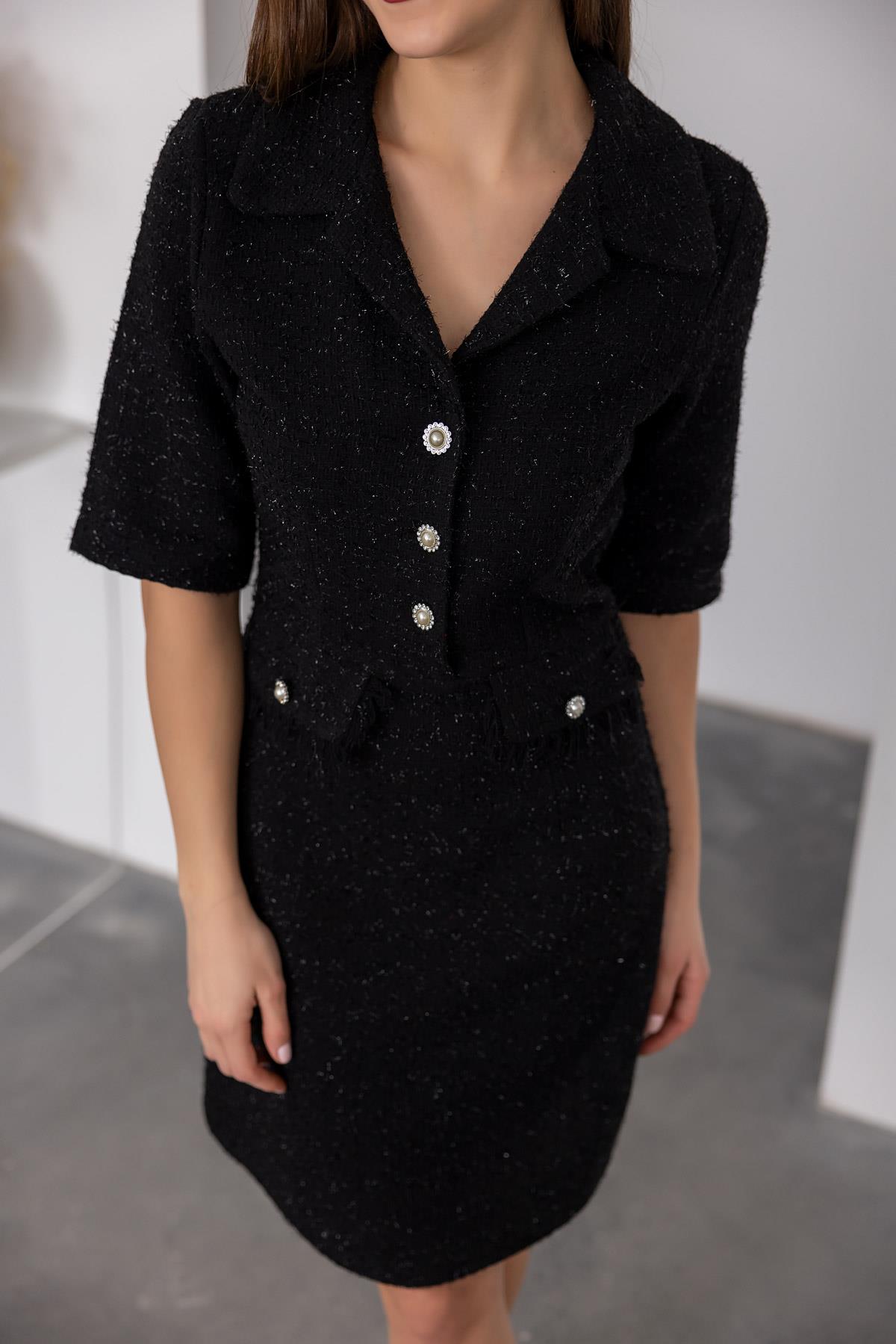 Pearl Buttoned Tweed Dress - BLACK