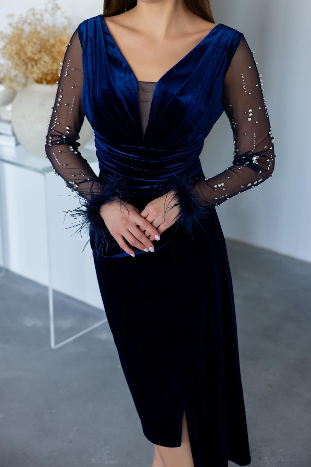 Velvet Evening Dress with Sleeve Feathers - NAVY BLUE