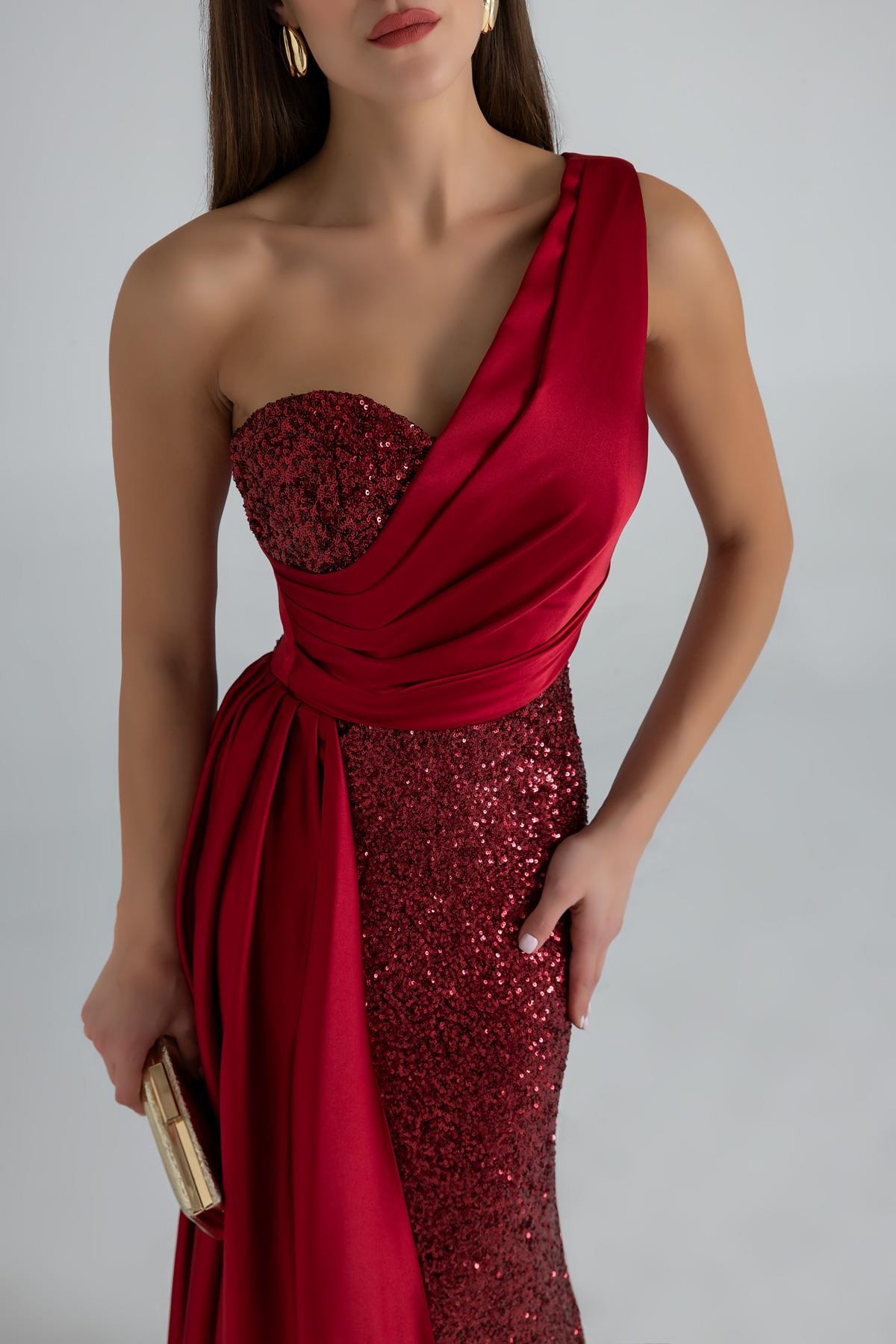 Sequined Satin Detail Evening Dress - DARK RED