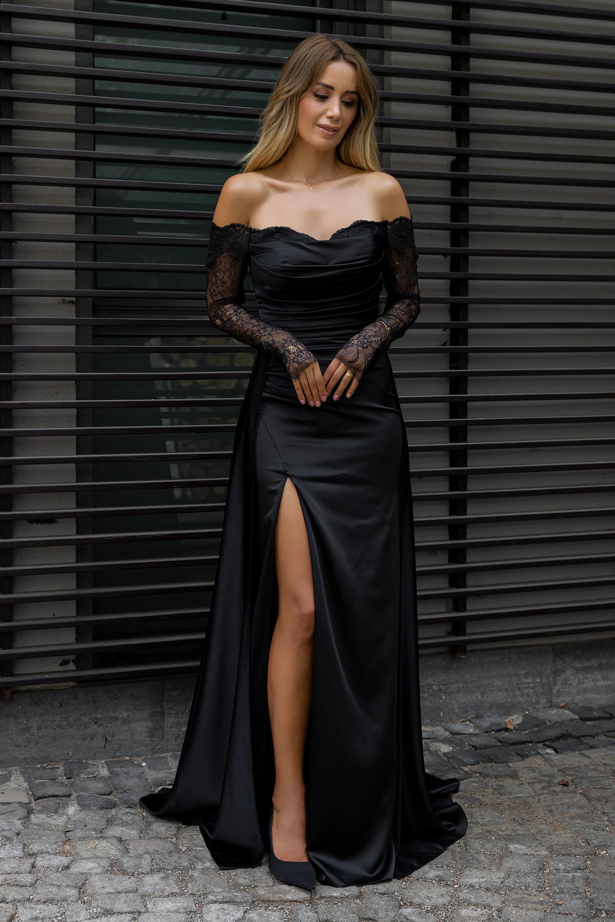 Lace Satin Evening Dress - BLACK