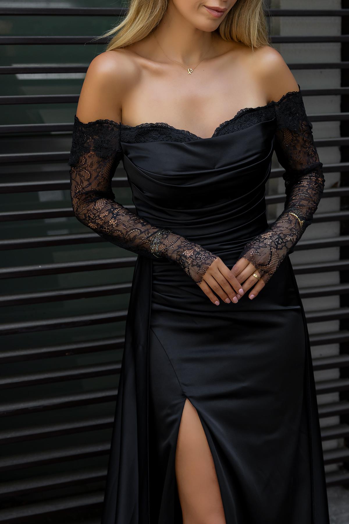 Lace Satin Evening Dress - BLACK