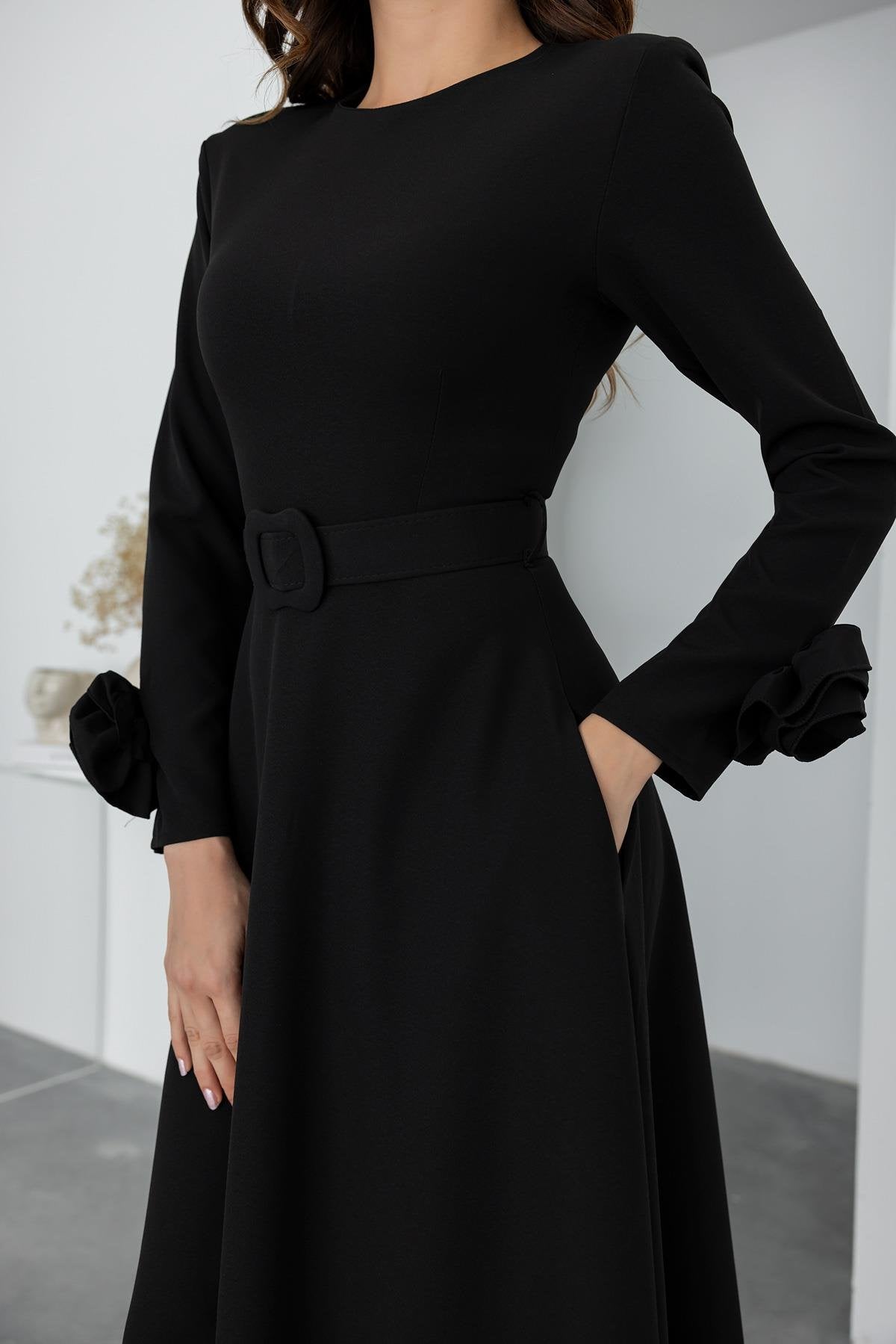 Rose Detail Long Dress - BLACK