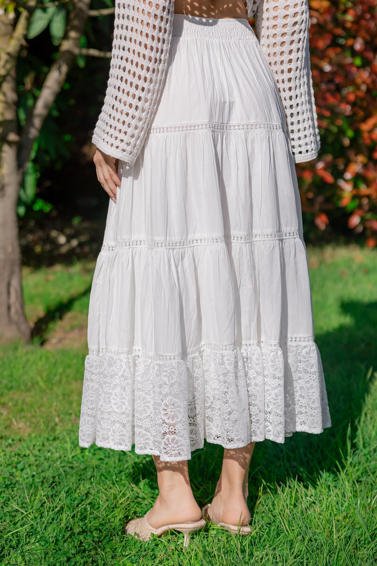 Lace Detailed Long Skirt - WHITE