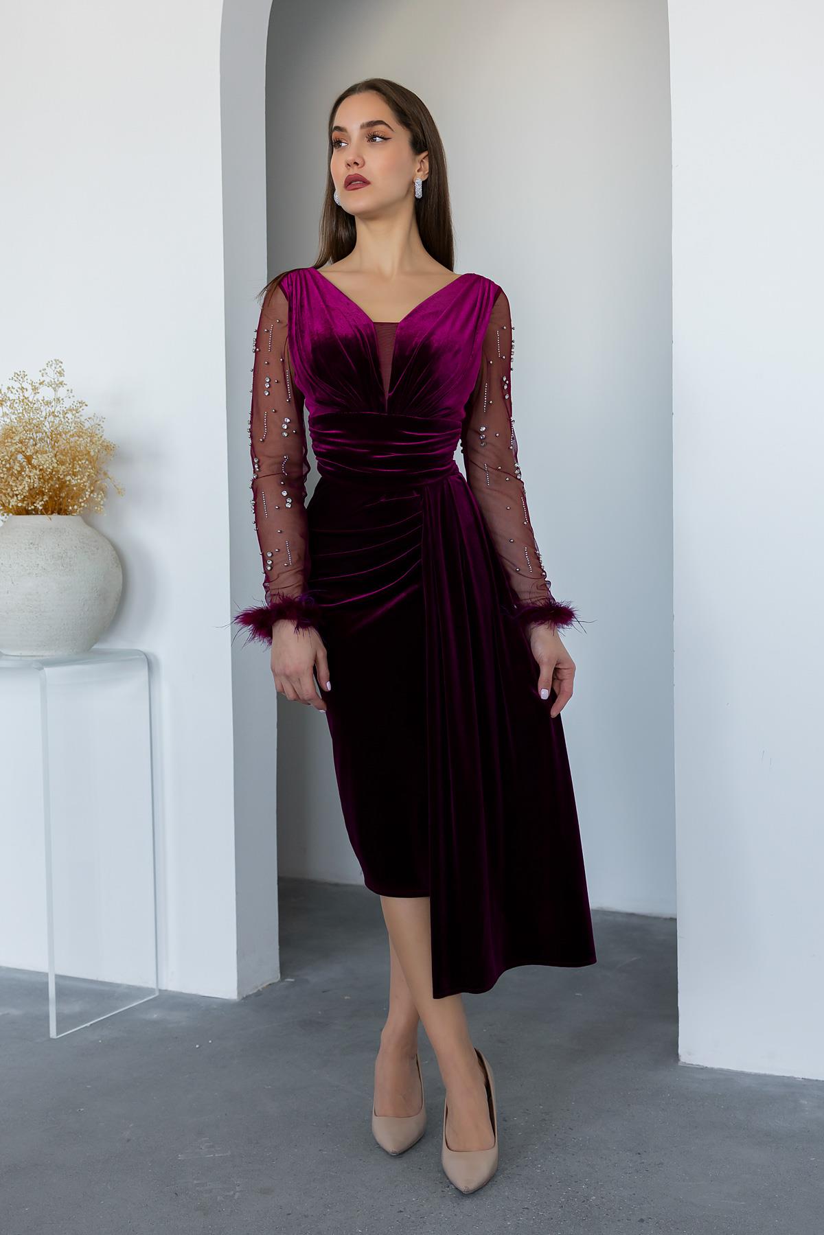 Velvet Evening Dress with Sleeve Otris - CLARET RED