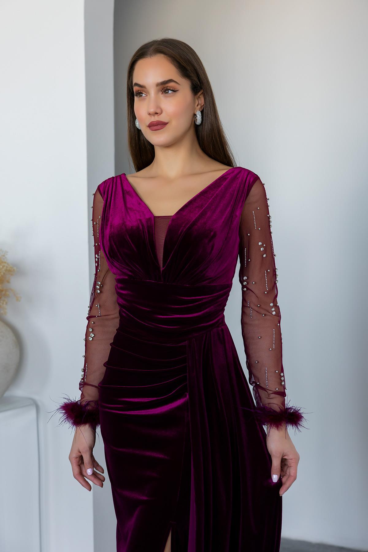 Velvet Evening Dress with Sleeve Otris - CLARET RED