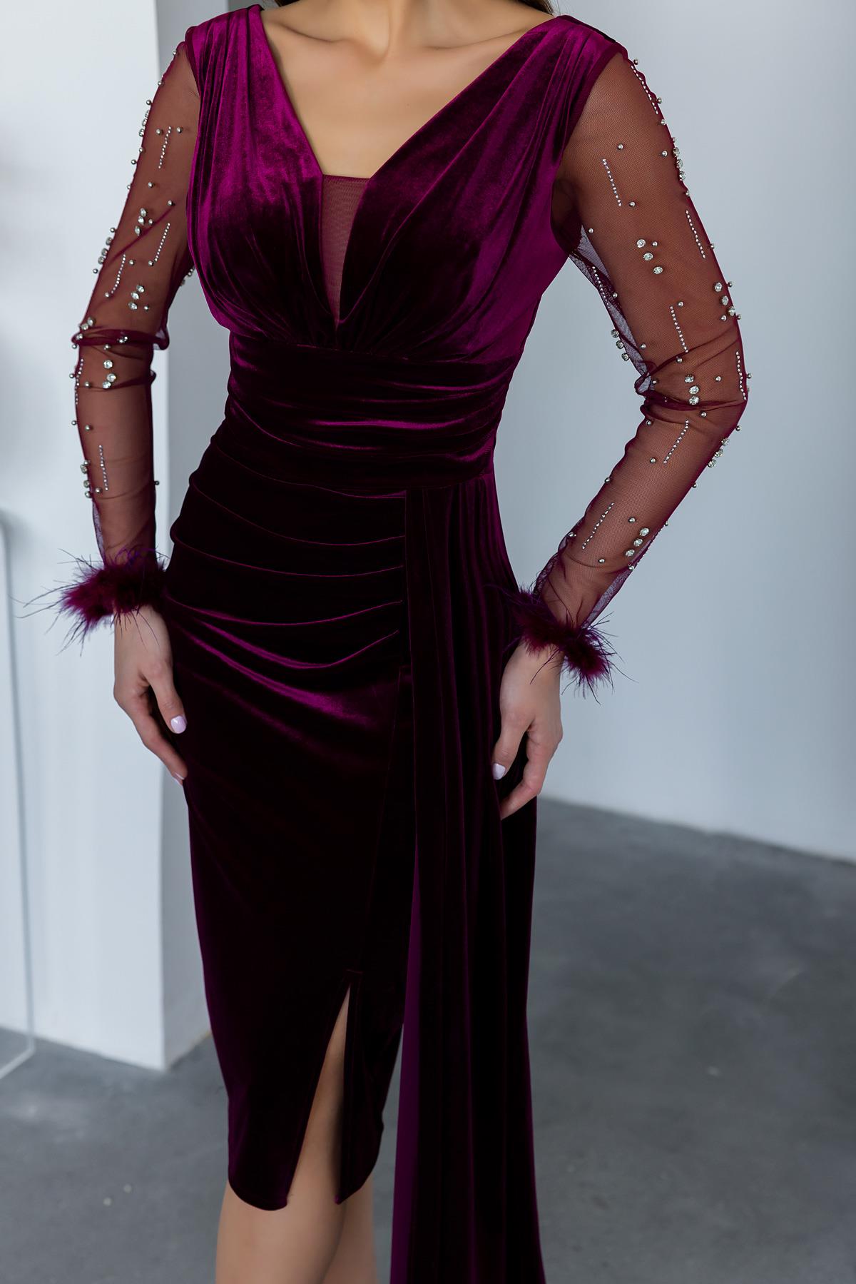 Velvet Evening Dress with Sleeve Otris - CLARET RED