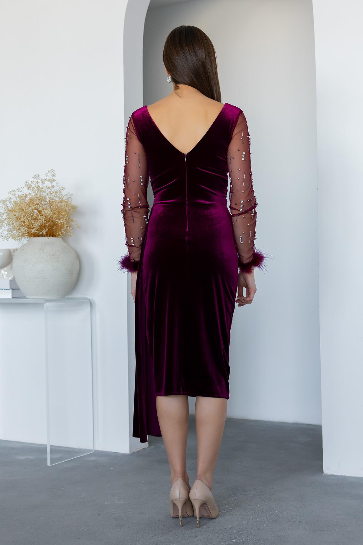 Velvet Evening Dress with Sleeve Otris - CLARET RED