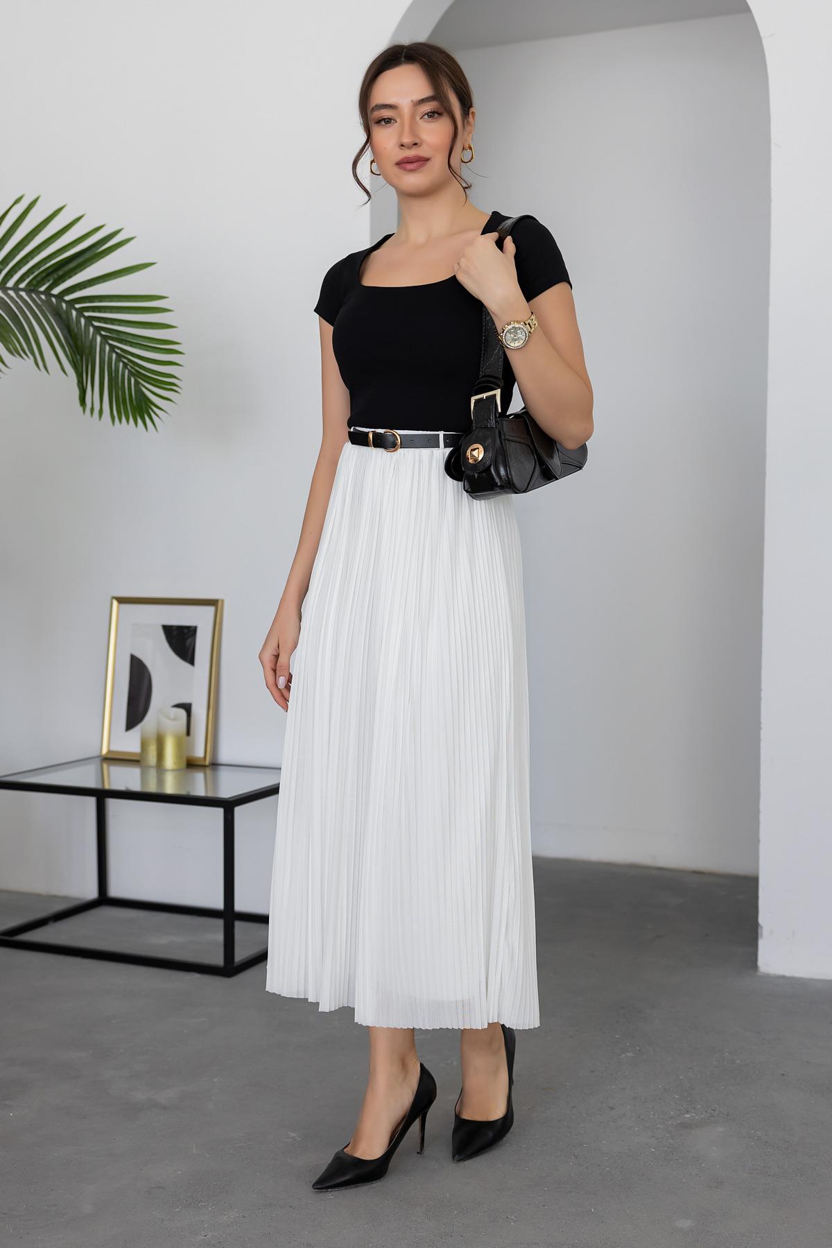 Pleated Belted Skirt - WHITE