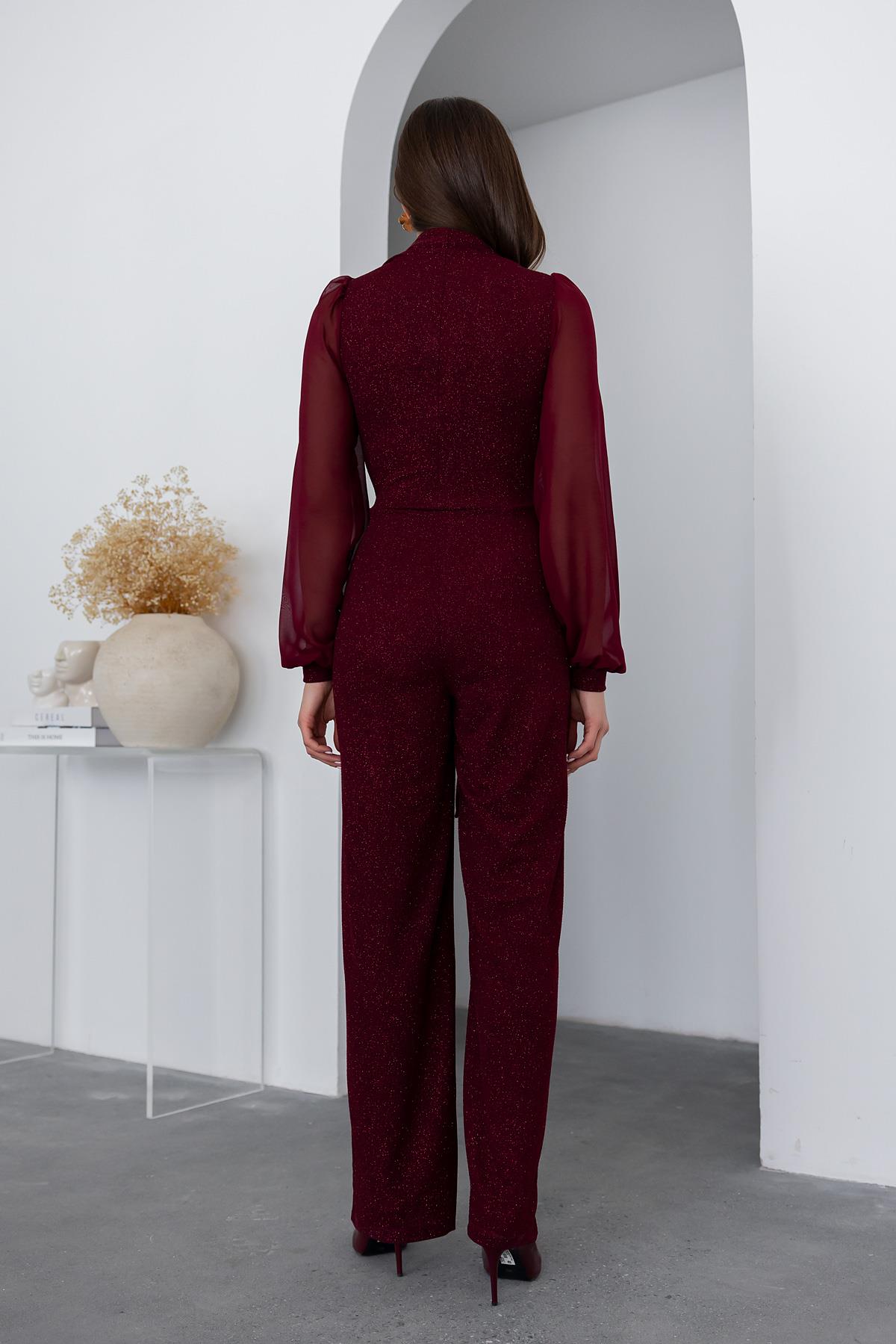 Tie Detail Glitter Jumpsuit - DARK RED