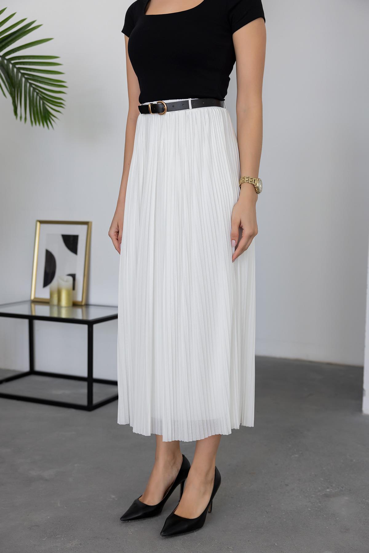 Pleated Belted Skirt - WHITE
