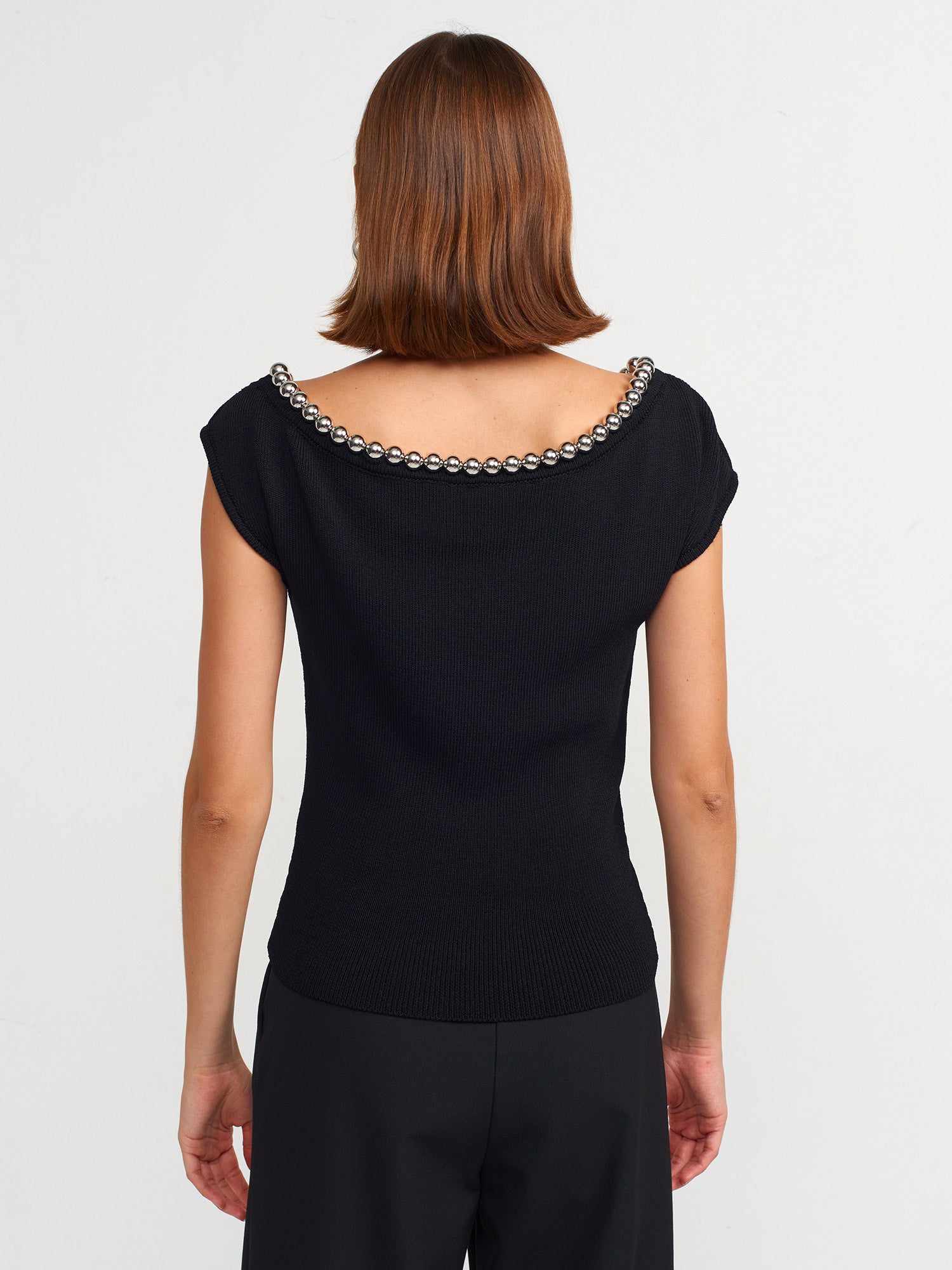 Black Boat Neck Beaded Knit Blouse