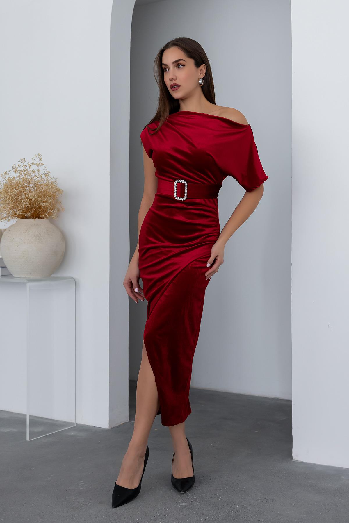 Belted Velvet Dress - RED