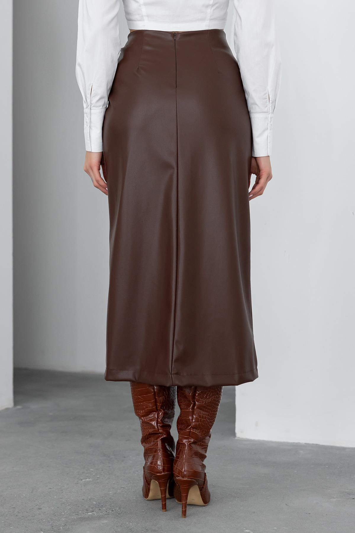 Slit Long Leather Skirt - BROWN