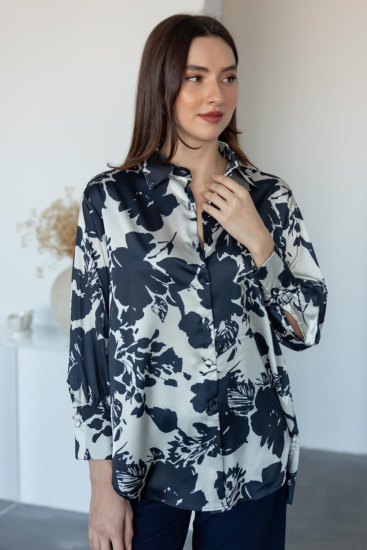 Leaf Patterned Satin Shirt - CREAM