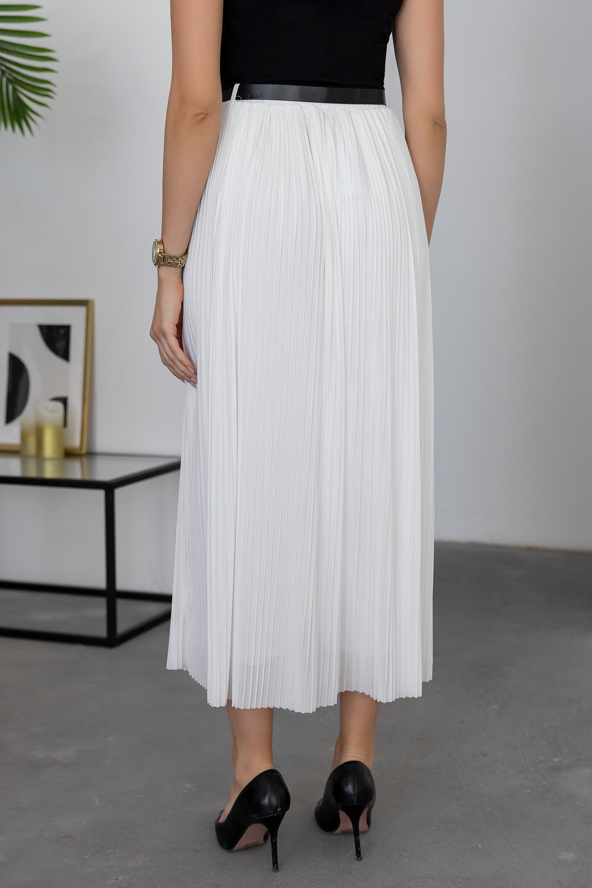 Pleated Belted Skirt - WHITE