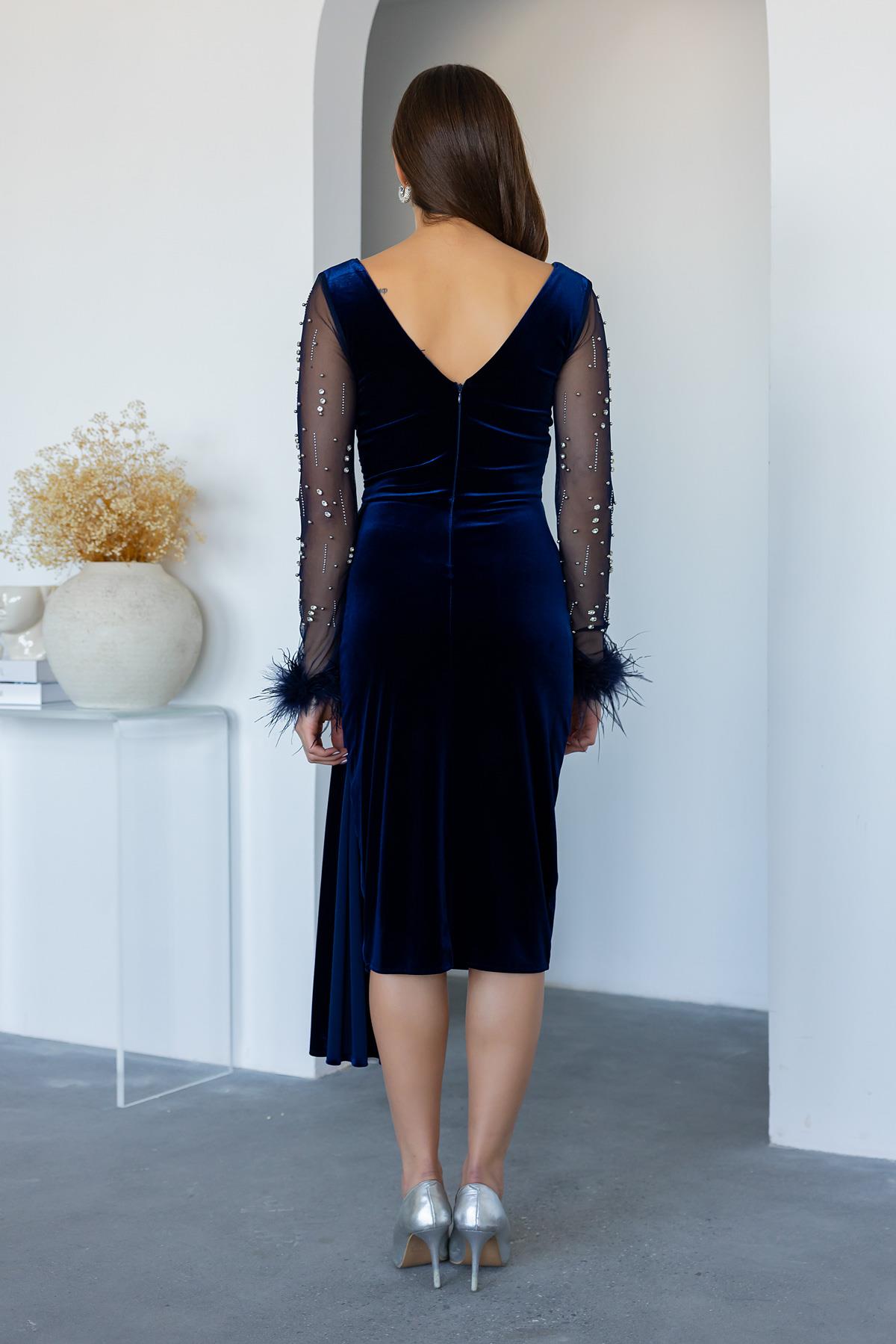 Velvet Evening Dress with Sleeve Feathers - NAVY BLUE