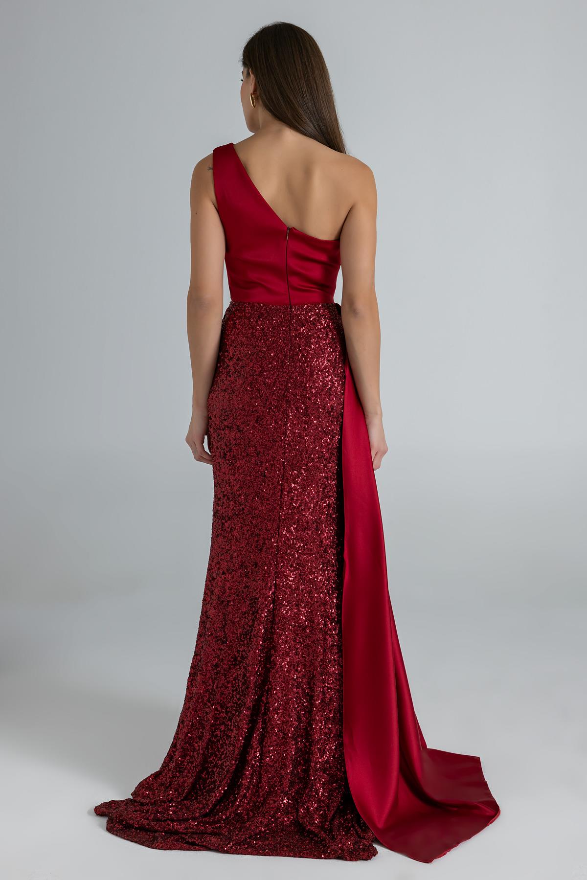 Sequined Satin Detail Evening Dress - DARK RED