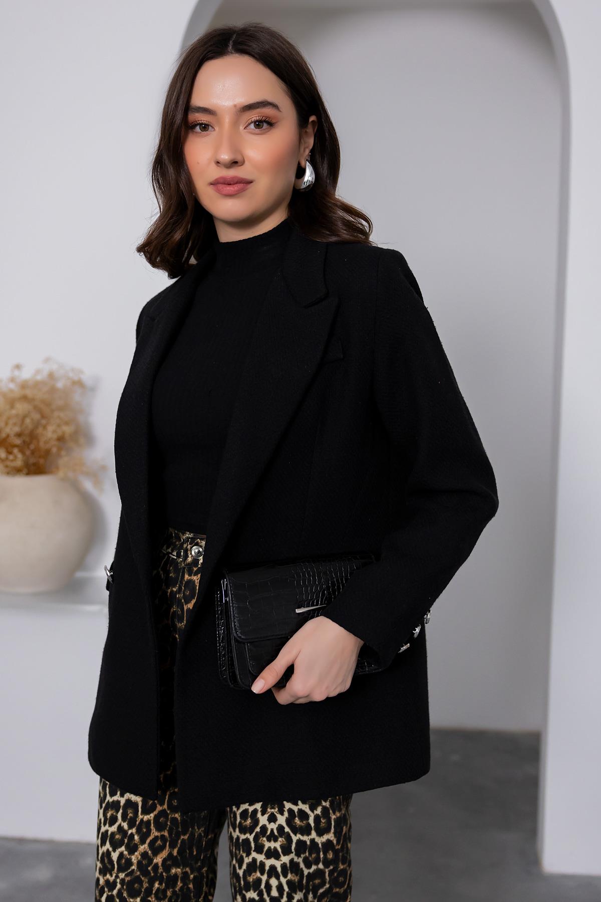 Silver Buttoned Tweed Jacket - BLACK