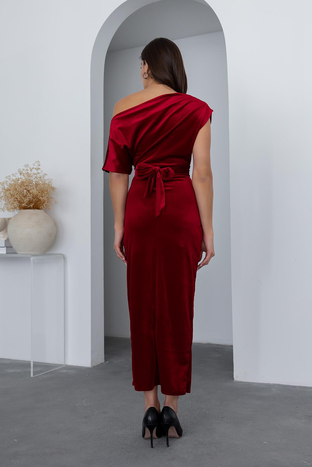 Belted Velvet Dress - RED