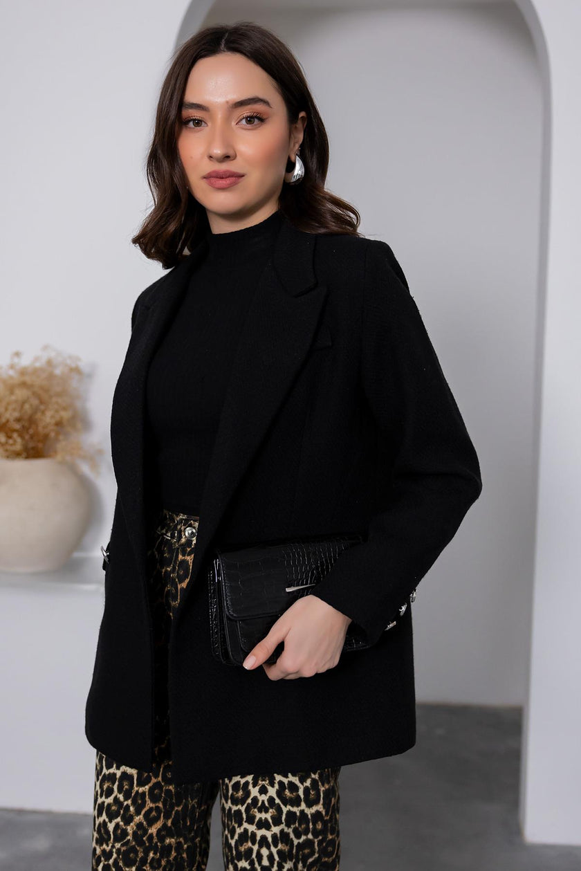 Silver Buttoned Tweed Jacket - BLACK