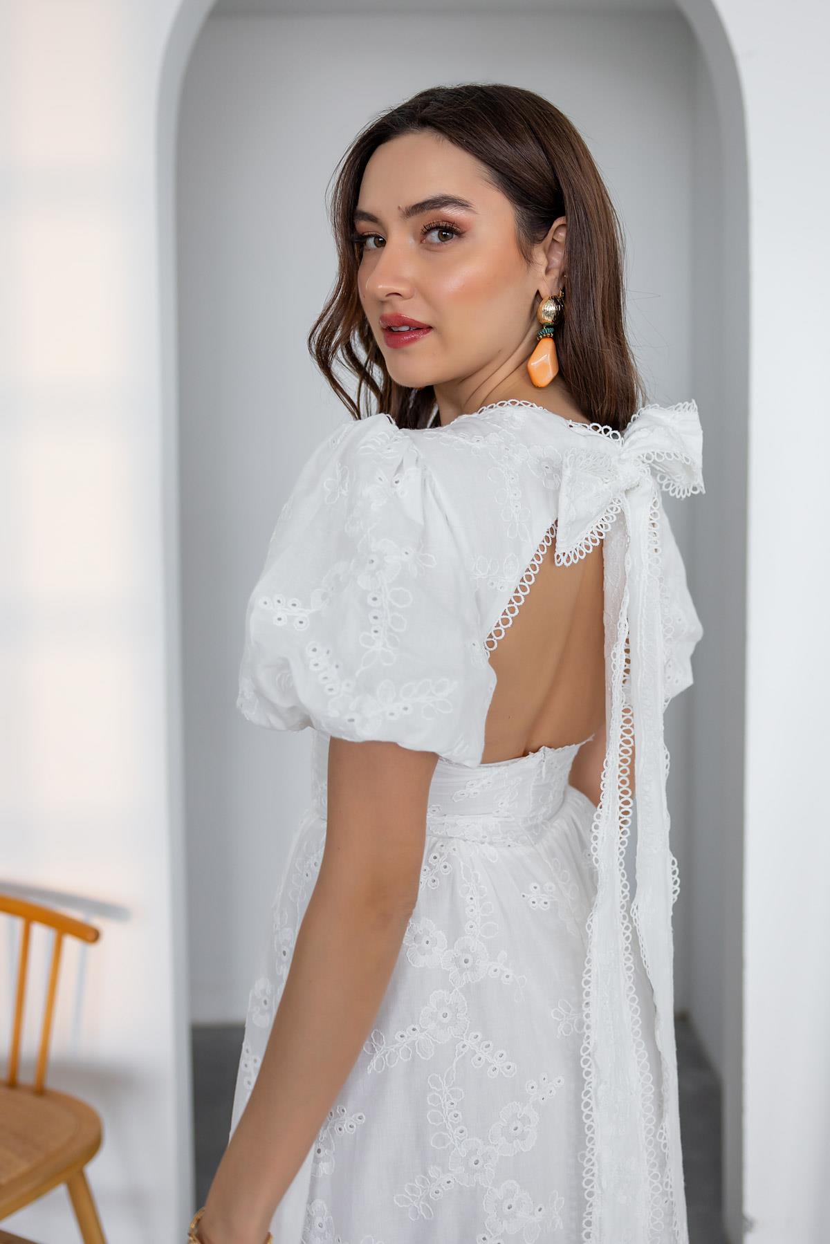 Backless Embroidered Dress - WHITE