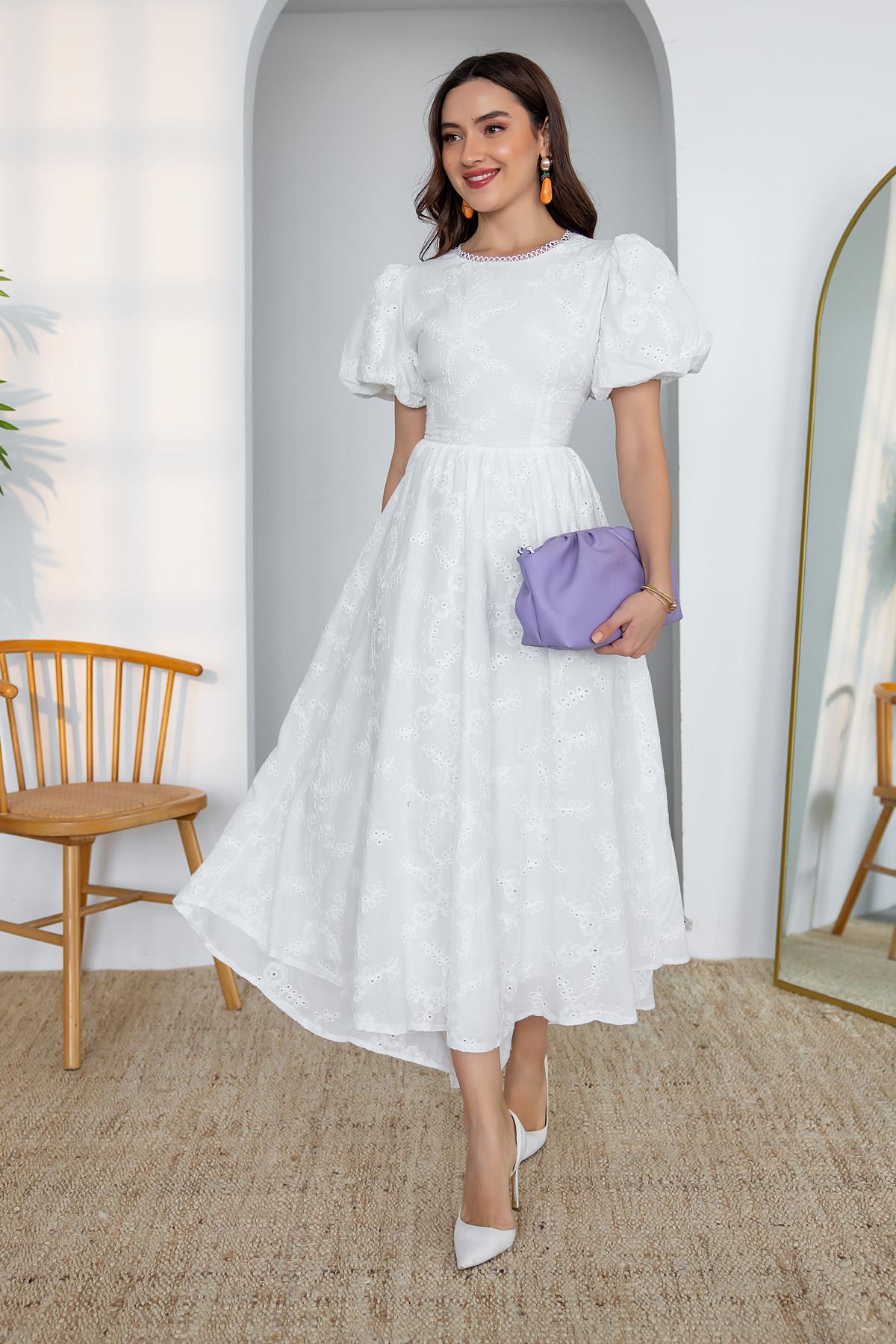 Backless Embroidered Dress - WHITE
