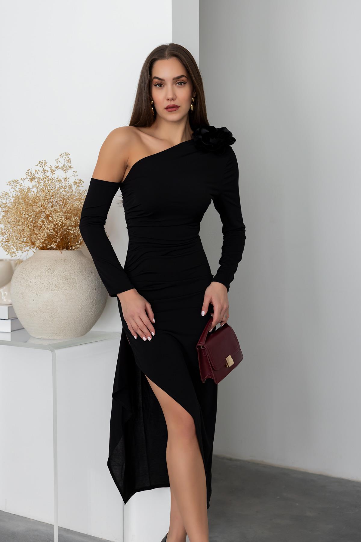 One Shoulder Rose Detail Dress - BLACK