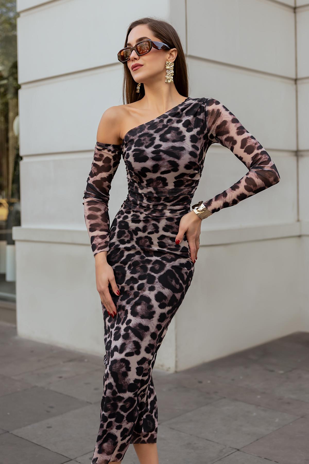 One Shoulder Leopard Dress - BLACK